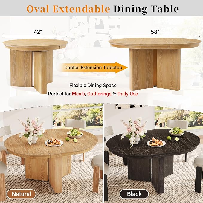 LUMISOL Round Dining Table for 4-6 People, Farmhouse Kitchen Table with Pedestal Base and Adjustable Foot Pads, Oval Extendable Dining Table for Dining Room, Kitchen, Small Space, Natural