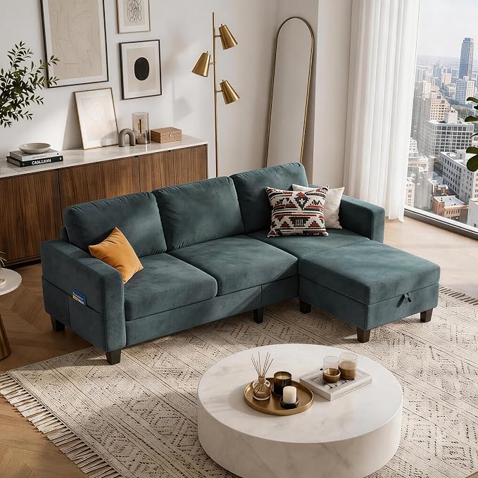 78" Sectional Sofa Couches for Living Room, Blue L Shaped Couch with Storage Ottoman, Deep Seat Pet-Friendly Velvet Fabric Sofa Set for Small Space, Apartment, Dorm