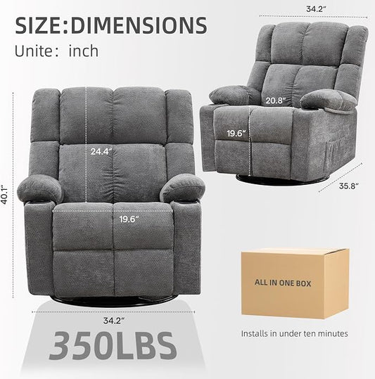 360°Swivel Rocker Recliner Chair Set of 2,Rocking Recliner Chair with Adjustable Headrest for Adults,Upholstered Fabric Rocking Chair Swivel for Bedroom,Living Room,Grey