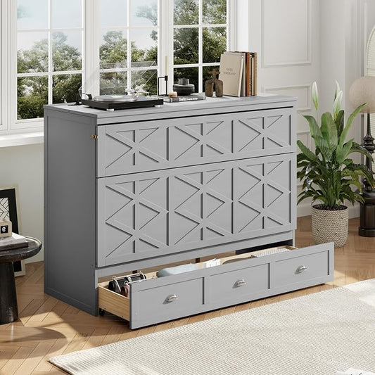 Bellemave Queen Size Murphy Bed, Cabinet Bed with Charging Station and Storage, Farmhouse Murphy Cabinet with Foldable Panel, for Bedroom,Office, Brushed Gray