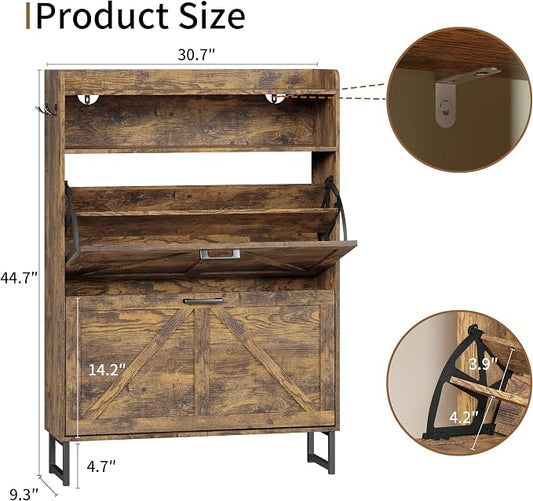 Shoe Cabinet with 2 Flip Drawers, Freestanding Hidden Shoe Storage Organizer for Entryway, Narrow Slim Shoe Rack Cabinet with Open Storage & Hooks for Front Door Entrance, Living Room, Hallway, Brown