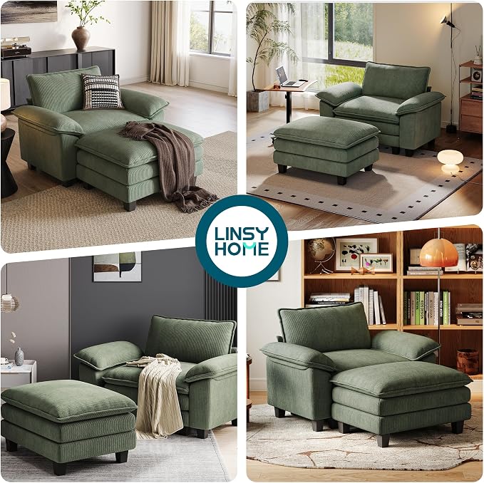 LINSY HOME Cloud Sofa Accent Chair with Ottoman Chaise Lounge Chair Indoor, Corduroy Couch Sofa Chair for Living Room Apartment Bedroom Office, Green