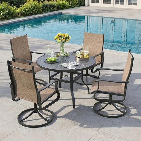 5 Pieces Patio Dining Set, Patio Outdoor Furniture Set of 4 Patio Swivel Dining Chairs and 39" Patio Spliced Round Tabletop with Umbrella Hole, for Deck, Backyard, Poolside & Garden
