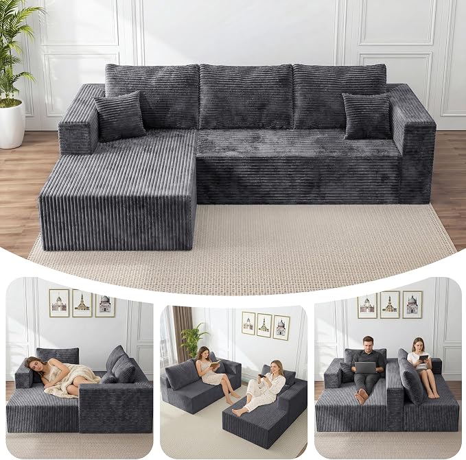 92.5"Couch for Living Room, Modular Sectional Couch with Oversized Chaise, Corduroy Floor Sofa with Deep Seat,L-Shaped Couch No Assembly Required (Drak Gray, 92.5" L-Shape with Left Facing Chiase)