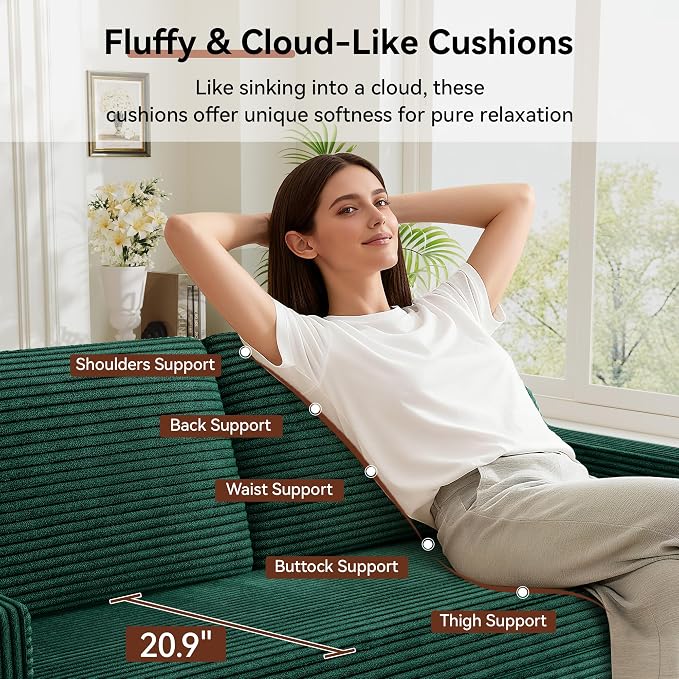 Vipbear 65.4" Loveseat Sofa,Mid-Century Modern Small Couches for Living Room, Bedroom, Office,Comfy Forest Green Corduroy Couch with Spring Cushion, Solid Wood Frame, Tool-Free Assembly