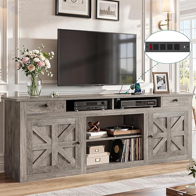 YITAHOME TV Stand for 75/80 Inch TV, Farmhouse Entertainment Center with Storage, 70 Inch TV Cabinet with Drawers and Power Outlet, TV Console for Living Room (Grey Oak)