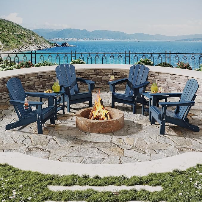 Garvee Folding Adirondack Chair Set of 2, HDPE Outdoor Patio Chair with Cup Holder, All Weather Resistent Wooden Textured for patios, Decks, Gardens, fire Pit, Navy Blue