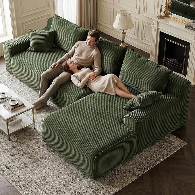 Homkdom 98" Boneless Couches for Living Room, L-Shape Modular Sectional Sofa with Deep Seat Oversized Right Facing Chaise, Cloud Couch for Apartment, Small Space (Green)