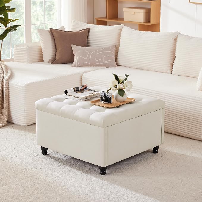 Weture 30 Inch Large Square Storage Ottoman Coffee Table, Oversized Square Ottoman with Storage, Tufted Upholstered Coffee Tables for Living Room (Fabric, Beige)