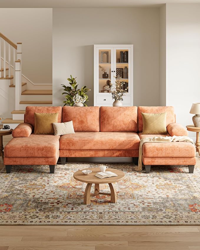 U-Shaped Sectional Couches for Living Room | 112 Inch Modern Sectional Couch | Orange Chenille Sofa with Double Chaise for Apartment
