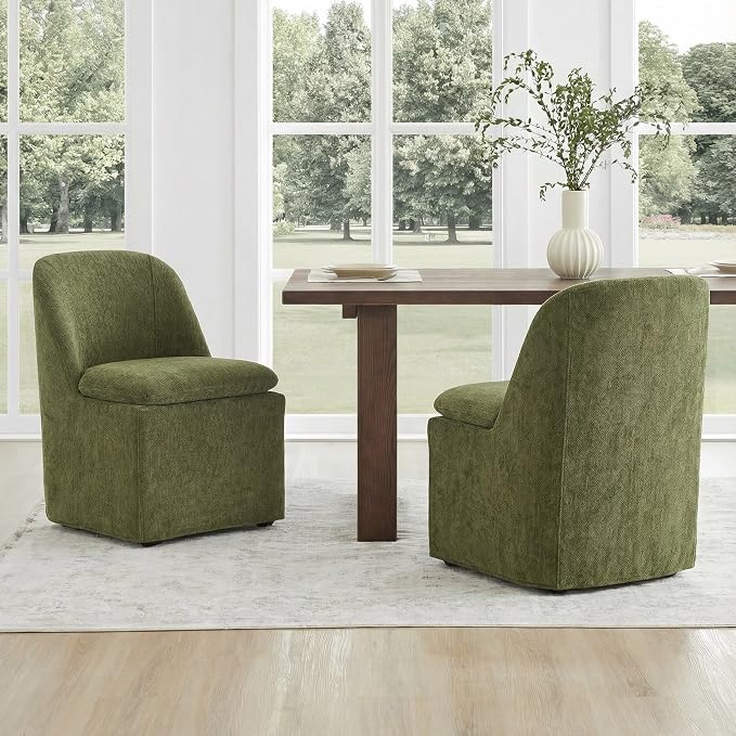KISLOT Upholstered Dining Chairs Set of 4 with Casters, Modern Side Armless Deskchair with Washable Slipcover & Sturdy Metal Frame for Diningroom Bedroom Livingroom Reading Room, Green Fabric
