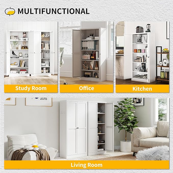 Metal Pantry Cabinet, Kitchen Pantry Storage Cabinets with 2 Door and 4 Adjustable Shelves, Utility Metal Storage Cabinet for Home, Living Room, Pantry (White)