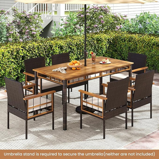 Tangkula 7 Pieces Wicker Patio Dining Set, Outdoor Acacia Wood Rectangular Table with 1.97” Umbrella Hole and Cushioned Chairs, Outside Conversation Furniture Set for Deck, Garden and Backyard