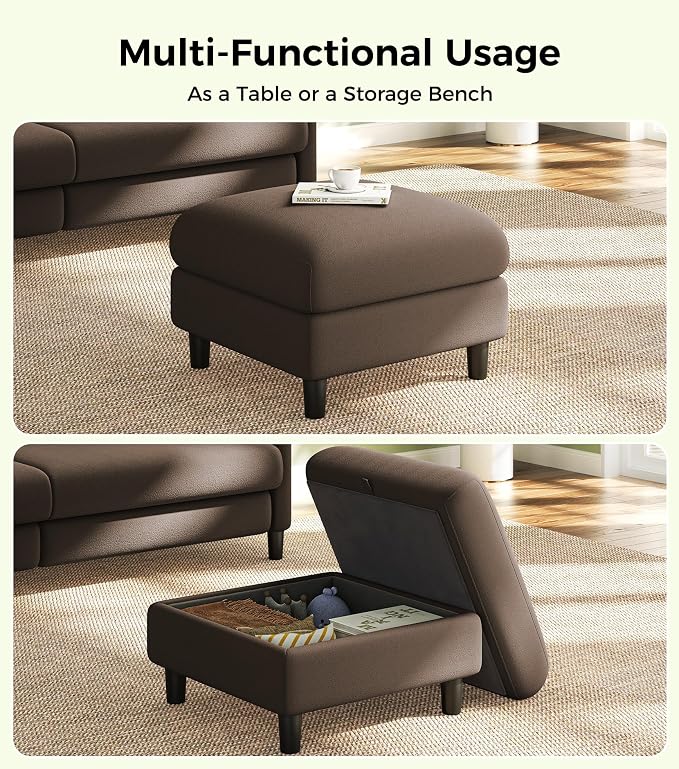 Welzona Teddy Storage Ottoman, 26.7" Large Living Room Ottoman, All-Wood Coffee Table Ottomans with Storage, Tool-Free Setup Ottomans for Living Room, Bench for Bedroom, Brown