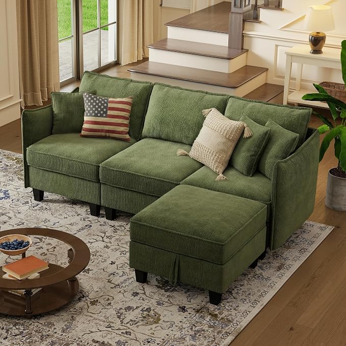 WorthFurni Modular Sectional Sofa L Shape Couches with Storage Ottoman and Washable Cushion Cover for Living Room, Apartment, Bedroom(Green)
