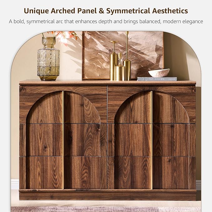 ACCOHOHO Arched Dresser for Bedroom with 6 Drawers, 47.3" Wide Modern Chest of Drawers with Rounded Edge & Metal Handles, Wood Storage Closet Dressers TV Stand for Living Room, Hallway, Brown