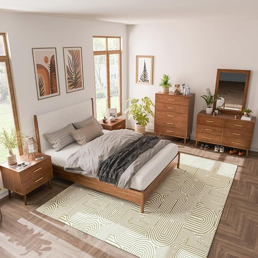 Furniture of America Wyatt Modern Solid Wood Bedroom Collection with Queen Bed Frame, Nightstands, Dresser with Mirror, Chest, No Box Spring Needed, Walnut, Boucle Platform, 6-Piece Set