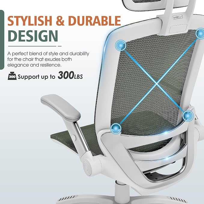 GABRYLLY Ergonomic Office Chair, High Back Home Desk Chair with Headrest, Flip-Up Arms, 90-120° Tilt Lock and Wide Cushion, 300LBS Mesh Chairs for Man Woman, White Task Chair(Olive Green,GY01WOG)
