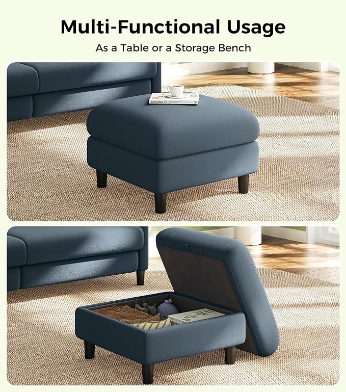 Welzona Teddy Storage Ottoman, 26.7" Large Living Room Ottoman, All-Wood Coffee Table Ottomans with Storage, Tool-Free Setup Ottomans for Living Room, Bench for Bedroom, Blue Grey