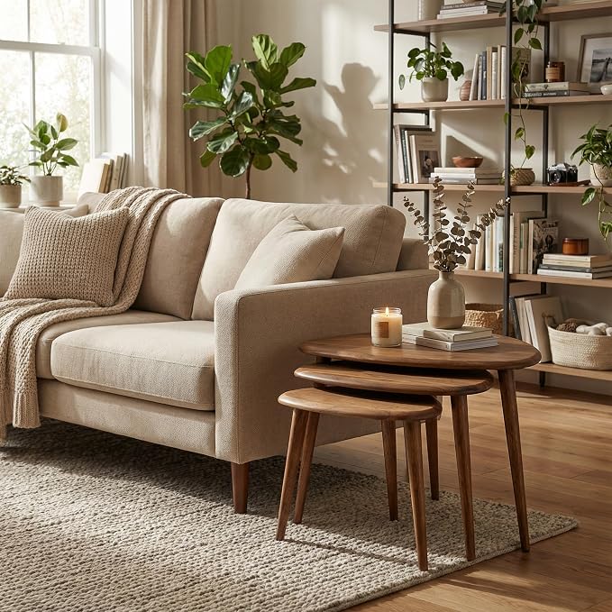 Ultimate Premium Products Solid Nesting Table Set of 3- Walnut Mid Century Pebble Tables with Tapered Legs – Wooden Home Furniture in a Retro Style - Walnut