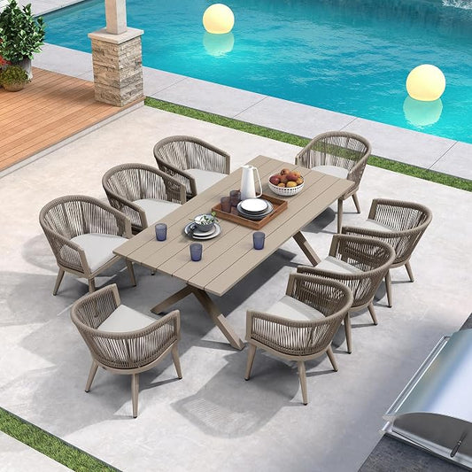 PURPLE LEAF Outdoor Dining Set with Waterproof Furniture Cover 9-Piece All-Weather Patio Set for 8 with Champagne Aluminum Table Rope Weave Chairs and Cushions, Champagne