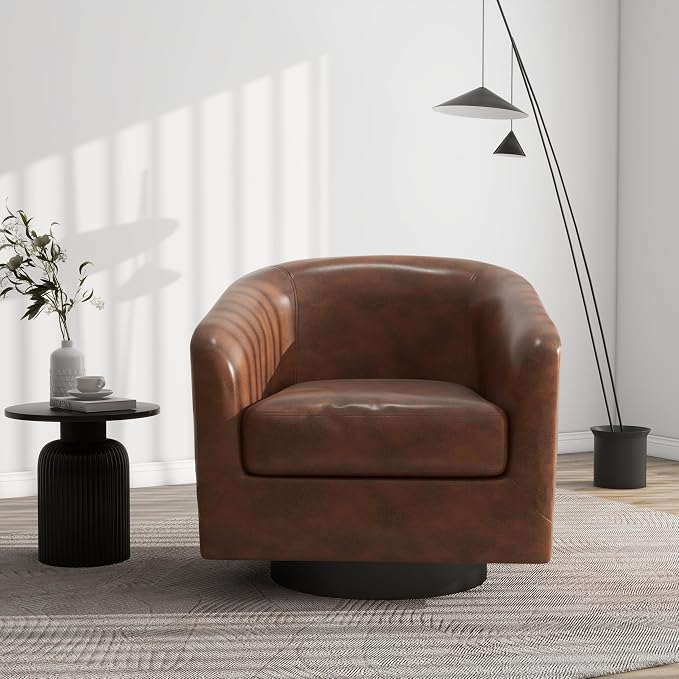 Swivel Barrel Accent Chair, Modern Round Faux Leather Arm Chair for Living Room, Bedroom, Comfy Club Reading Chairs for Adults(Faux Leather, Coffee, Set of 4)