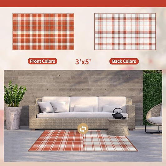 GENIMO Waterproof Outdoor Rug for Patio Clearance, 3'x5' Reversible Plastic Straw Rugs, Lightweight RV Camping Mat for Camper, Balcony, Deck, Backyard, Picnic, Orange White Plaid