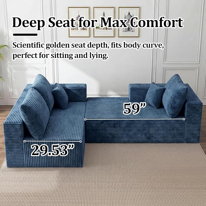 138" Modern Modular Sectional Sofa, U-Shaped Cloud Couch, Soft Corduroy Boneless Couch with 3060 High Rebound Memory Foam, Sectional Couches for Living Room-Blue(Left Facing Chaise)