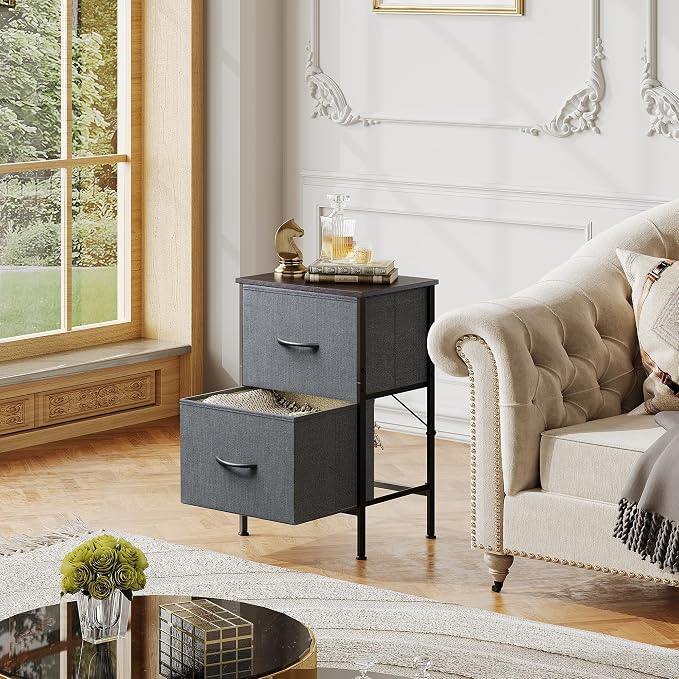 WLIVE Night Stand, Small Dresser with 2 Drawers & Wooden Top, Nightstand with Fabric Bins, Bedside Table End Table for Bedroom, Closet, Entryway, College Dorm, Charcoal Black