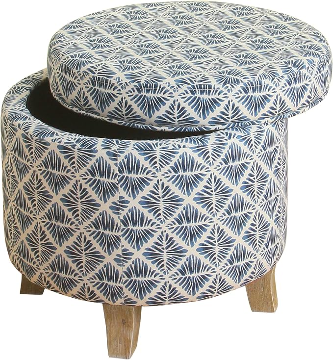 Homepop Home Decor | Upholstered Round Storage Ottoman | Ottoman with Storage for Living Room & Bedroom with Flared Legs, Navy Blue Geometric Pattern Large