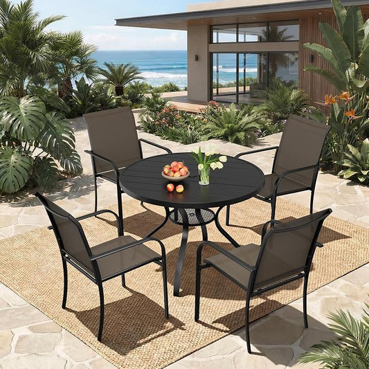 SUNCROWN 5 - Piece Outdoor Dining Set, Patio Furniture Set with 4 x Textilene Dinning Chairs and 41" Metal Round Table with Umbrella Hole for Lawn Garden Backyard Deck, Brown