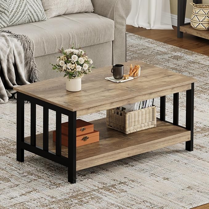 ChooChoo Farmhouse Coffee Table, Living Room Table with Shelf, 40 Rustic Oak & Black