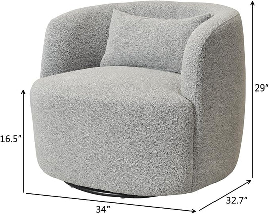 KINWELL 34" Wide Sherpa Swivel Barrel Chair, No Assembly Round Boucle Upholstered Accent Chair Armchair Single Sofa Chair with Toss Pillow for Living Room and Bedroom, Gray