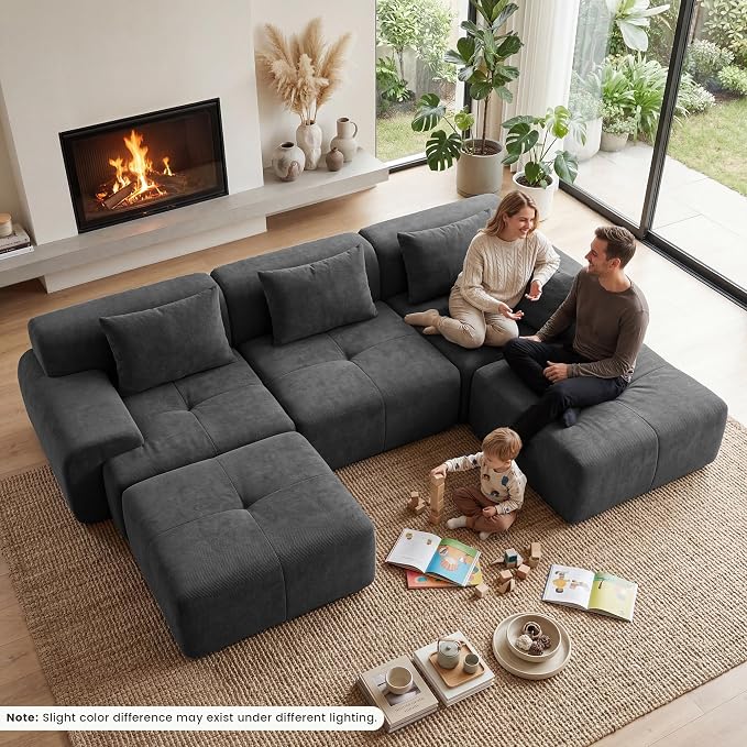 GRUSIGN 118'' Modular Sectional Oversized Boneless Couch, Tufted Cloud Sectional Couches for Living Room, U Shape Deep Seat Sofa with 2 Ottoman & 3 Throw Pillows,Corduroy Couch,Dark Grey
