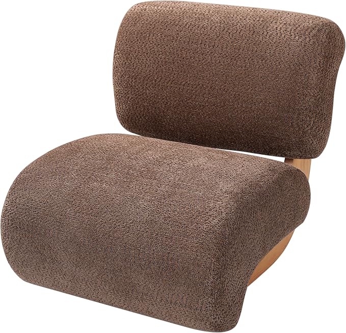 Merax 28" Modern Curved Boucle Accent Chair with Solid Wood Base, Mid-Century Armless Upholstered Slipper Lounge Chair for Living Room, Bedroom, Reading Nook, Natural + Brown
