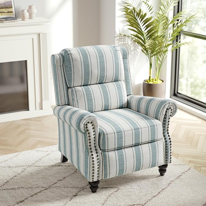 Recliner Chair, Modern Pushback Armchair with Adjustable Backrest & Footrest for Bedroom, Living Room (Blue Stripe,Set of 2)