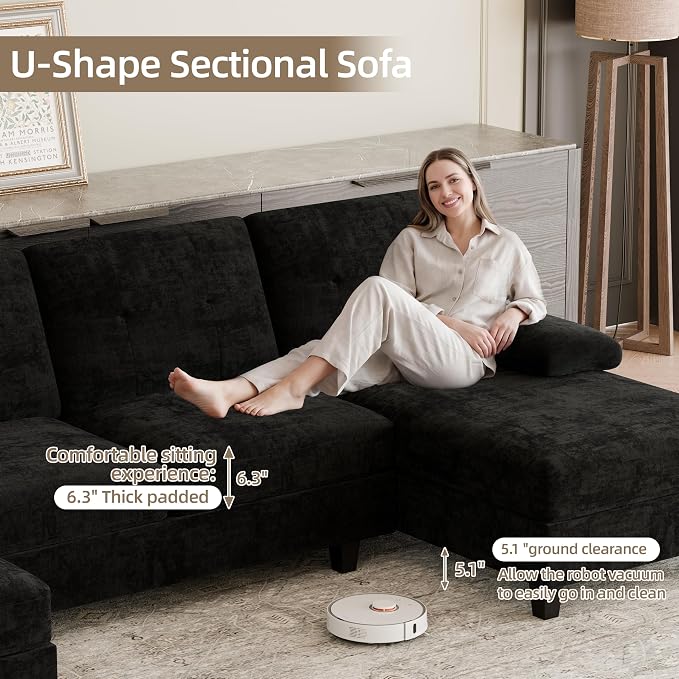 Shintenchi U-Shaped Sectional Sofa with Double Chaise,Linen Fabric 4-Seat Modern Couch, Removable Pillows for Apartment Living Room, Gray