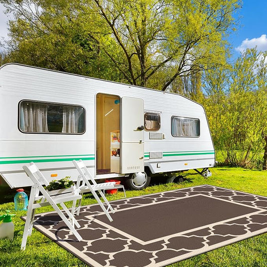 GENIMO 10 ' x 14 ' Outdoor Rug Waterproof for Patio Decor, Foldable Reversible Plastic Straw Area Rugs Mat for Camper, Outside Carpet for Rv, Deck, Porch, Picnic, Beach, Balcony, Coffee & Beige