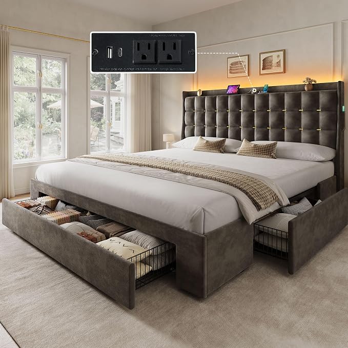 DWVO King Size Bed Frame with 3 Storage Drawers and RGB LED Lights, Velvet Upholstered Bed with Charging Station and Storage Headboard, No Box Spring Needed, Easy Assembly, Noise-Free, Grey