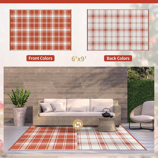 GENIMO Waterproof Outdoor Rug for Patio Clearance, 6'x9' Reversible Plastic Straw Rugs, Lightweight RV Camping Mat for Camper, Balcony, Deck, Backyard, Picnic, Orange White Plaid