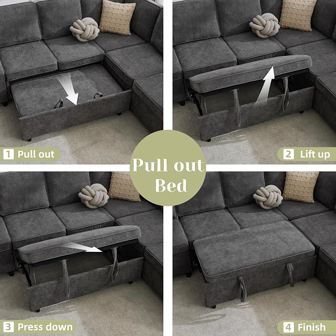 107 Inch Modular Sectional Sofa with Pull Out Bed, 7 Seat U Shaped Sectional Sleeper Sofa with Storage Ottoman, USB Port & 6 Pillows, Sectional Couches for Living Room & Apartment, Modular Couch, Grey