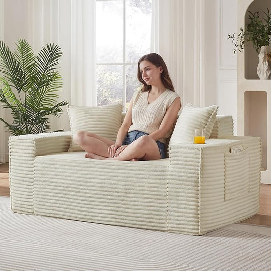 2 Pcs Living Room Cloud Sofa Set,Boneless Sofa Couch with Cup Holder and Side Pocket for Compact Living Rooms, Apartments (Camel, Loveseat + 3 Seat Sofa)