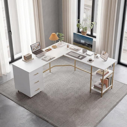 Techni Mobili L Shaped Desk - Two-Toned Computer Desk with Drawers & Storage Shelves - Simple Modern Furniture & Home Office Space Corner Table for Work & Writing | 59" two‑tone L‑shaped desk with storage shelves, durable frame, modern corner workstati...