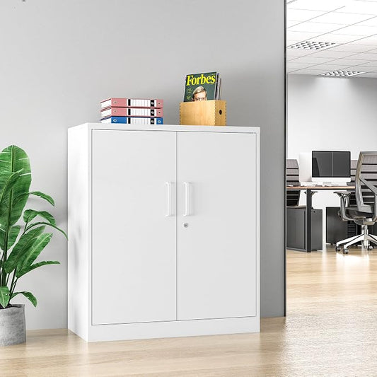 Metal Storage Cabinets with Locking Doors, 36 inch Lockable Steel Office Cabinet with Adjustable Shelves, Small Short Garage Caninet, White Locked Tool Caninets for Home, Office, Garage, Hallway