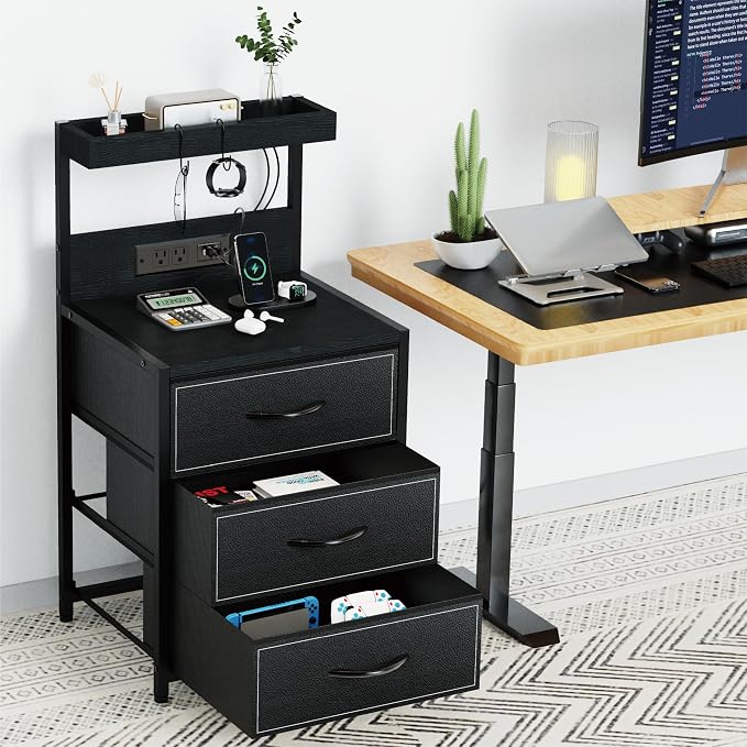 SZLHANJZ LED Nightstand Set of 2, Night Stand with 3 Drawers and Type C Charging Station, Storage End Table with Shelf and Hooks, Large Bedside Table for Dorm Bedroom, Black
