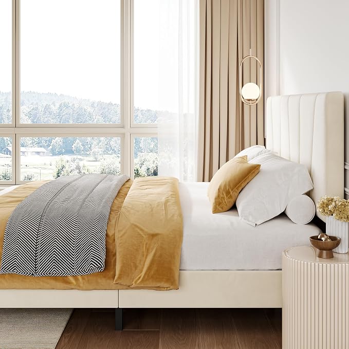 GarveeHome King Size Bed Frame with Upholstered Headboard, Modern Fabric Platform Bed Frame with Wooden Slat Support, Adjustable Headboard, No Box Spring Needed, Noise-Free, for Bedroom