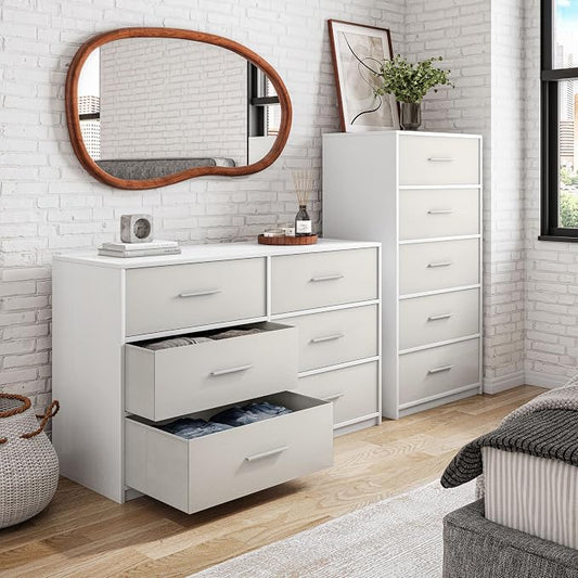 Modern 6-Drawer Dresser with Spacious Storage, Sturdy Wood Frame, Large Capacity Fabric Drawers, Dressers for Bedroom, Home Organization Storage for Living Room or Hallway, White | 6-drawer dresser, fabric storage drawers, sturdy wood frame, bedroom or...