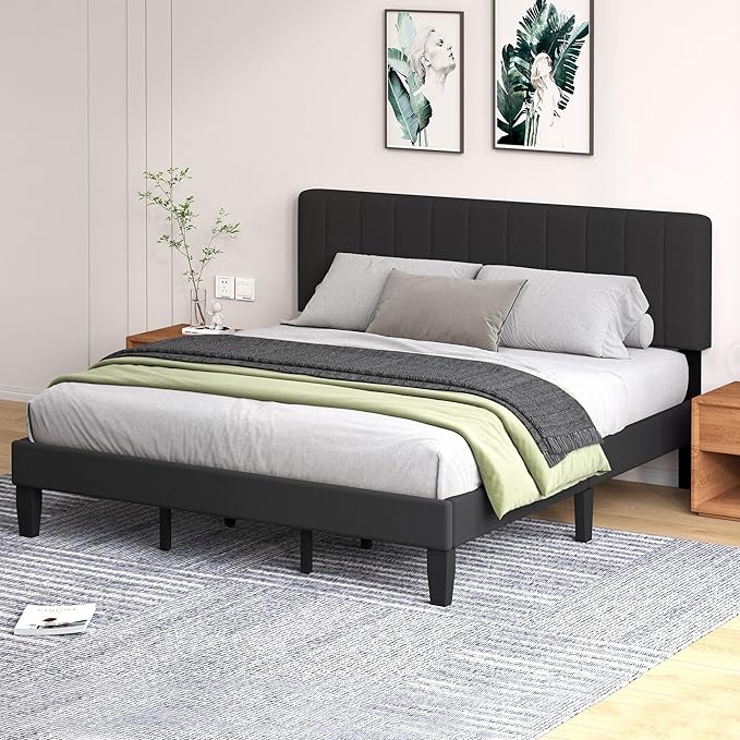 King Size Bed Frame with Velvet Upholstered Platform Bed and Wooden Slats Support, Adjustable Height Headboard/No Box Spring Needed/Easy Assembly/Mattress Foundation, Black
