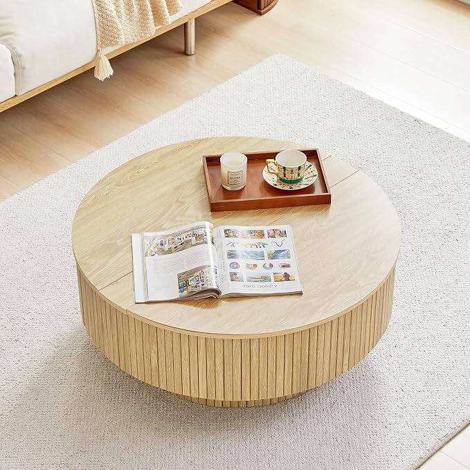 33" Round Coffee Table with Lift-Top & Flip-Top Storage, Modern Accent Fluted Coffee Tables with Metal Frame, Wooden Circle Center Table for Living Room Small Space Apartment Office (Natural)