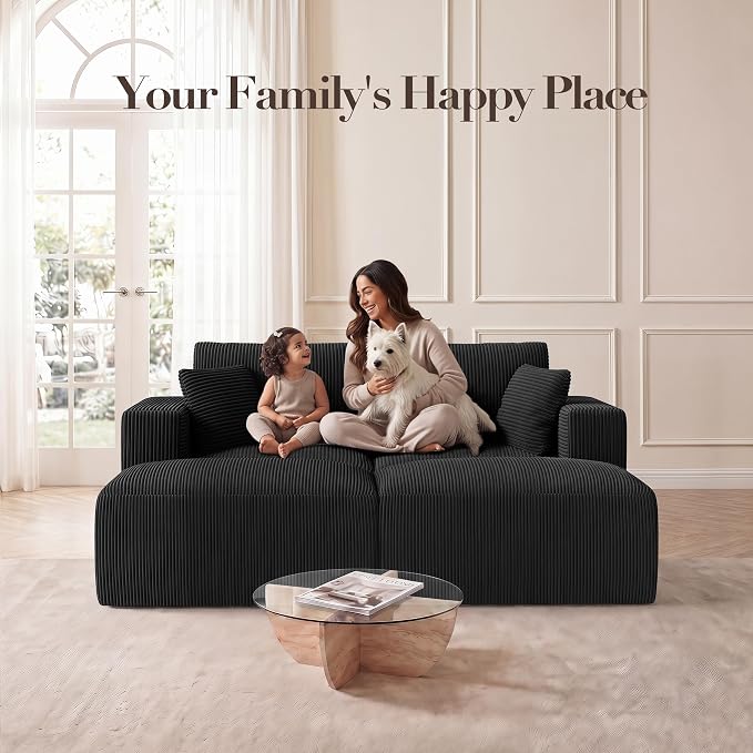 Modular Sectional Sofa Bed with Ottoman, 79" Memory Foam Cloud Couch, Boneless Loveseat Corduroy Upholstered Floor Couch, No Assembly Required Living Room Furniture for Apartment Bedroom, Black